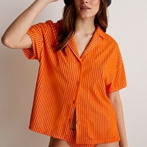 Orange terry short sleeve button up shirt NWT